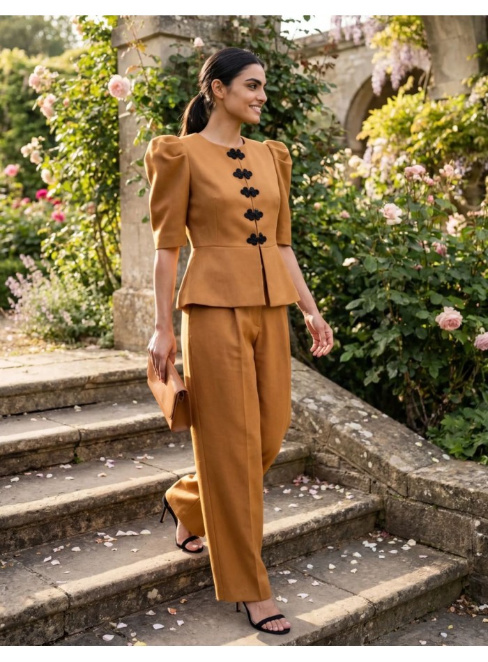 Pantalón recto ocre con botón forrado negro
