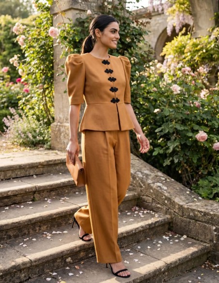 Pantalón recto ocre con botón forrado negro