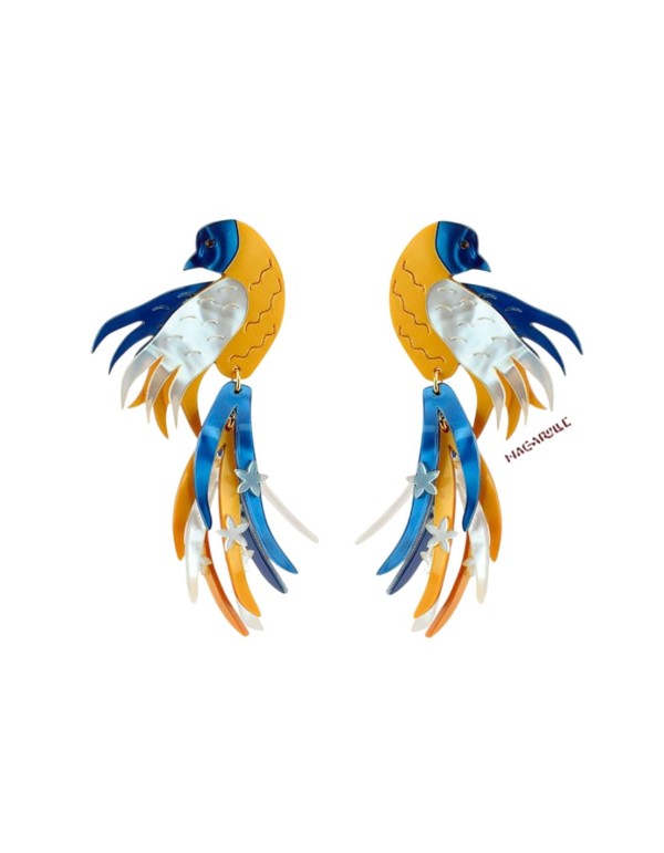 Pendientes de fiesta multicolor con diseño de pájaro para invitada