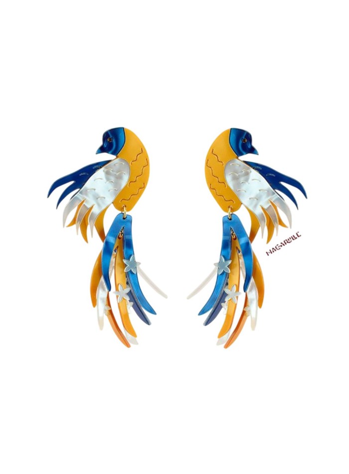 Multicolored party earrings with bird design