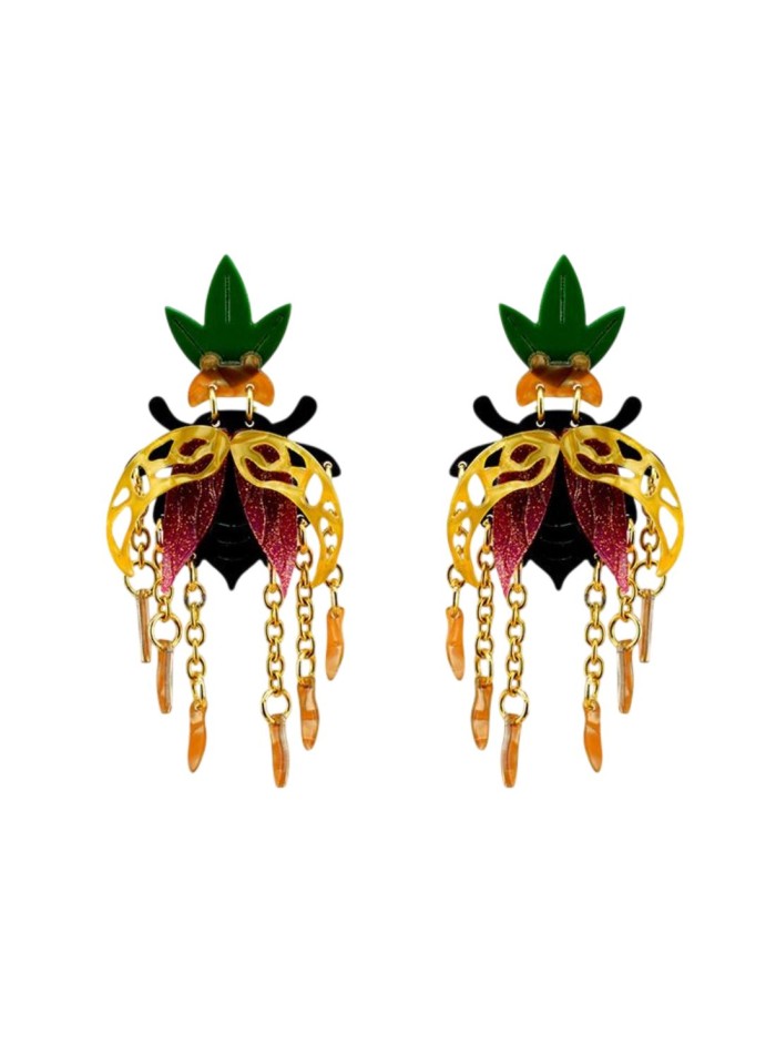 Party earrings with multicolored beetle design