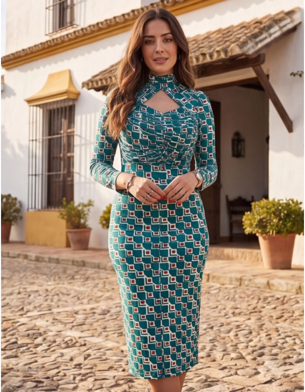 Vestido midi estampado verde azulado con escote lágrima 2