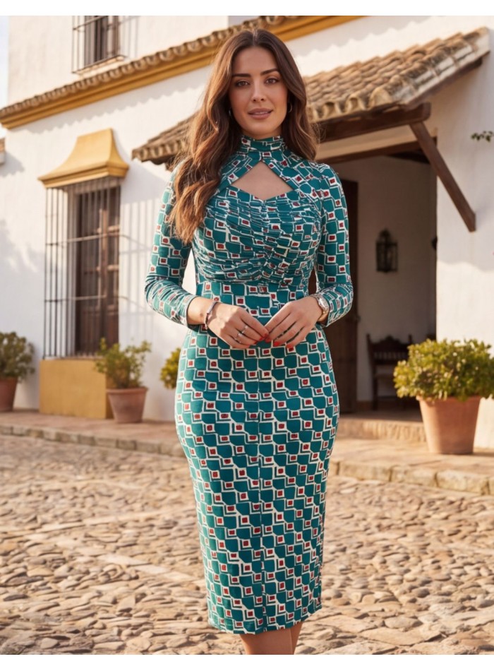Vestido midi estampado verde azulado con escote...