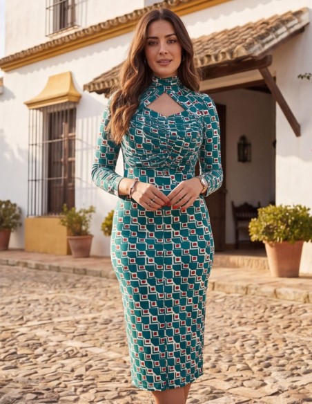 Vestido midi estampado verde azulado con escote lágrima