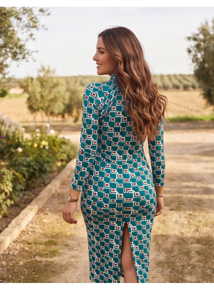 Vestido midi estampado verde azulado con escote...