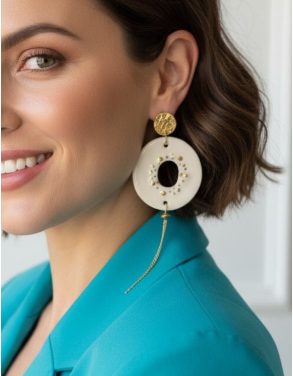 Large circular ceramic earrings with gold accents 2