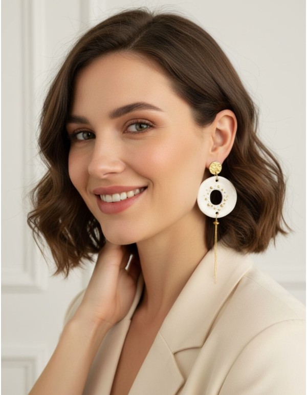 Large circular ceramic earrings with gold accents