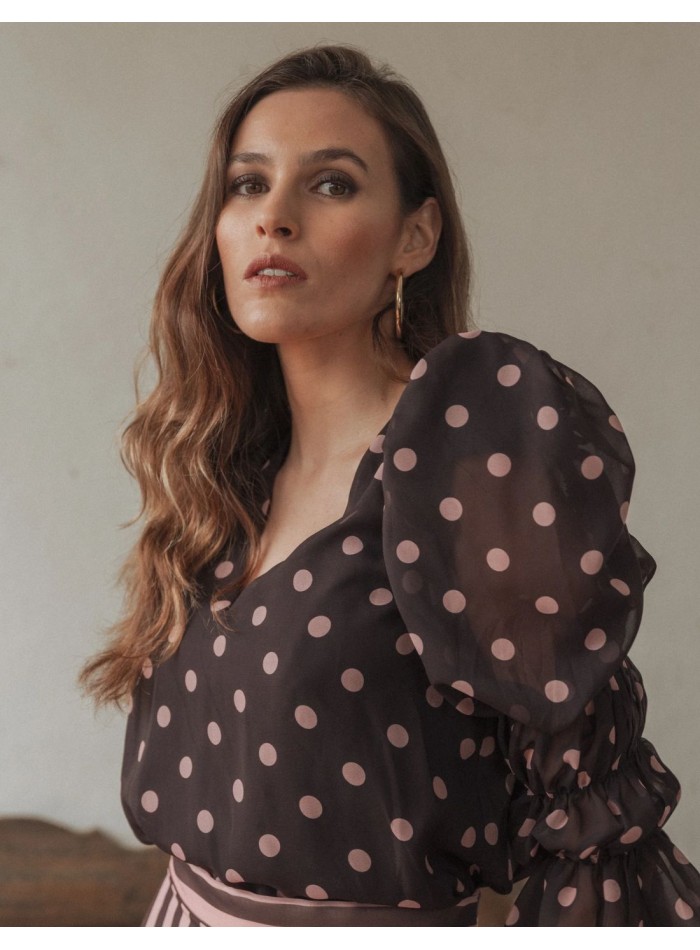 Chiffon blouse with polka dot print and puffed...