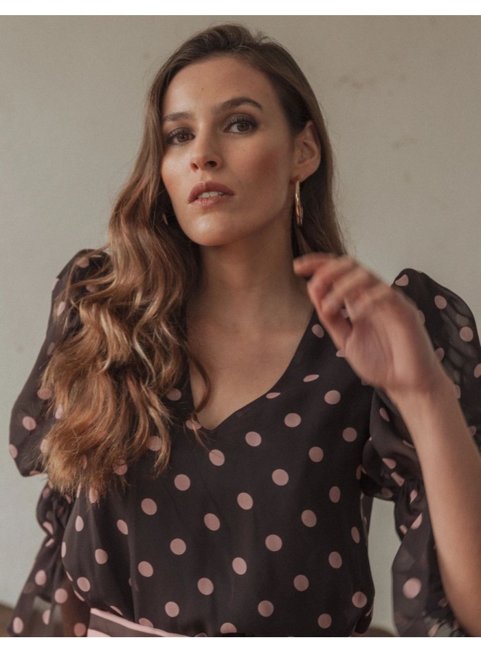 Chiffon blouse with polka dot print and puffed...