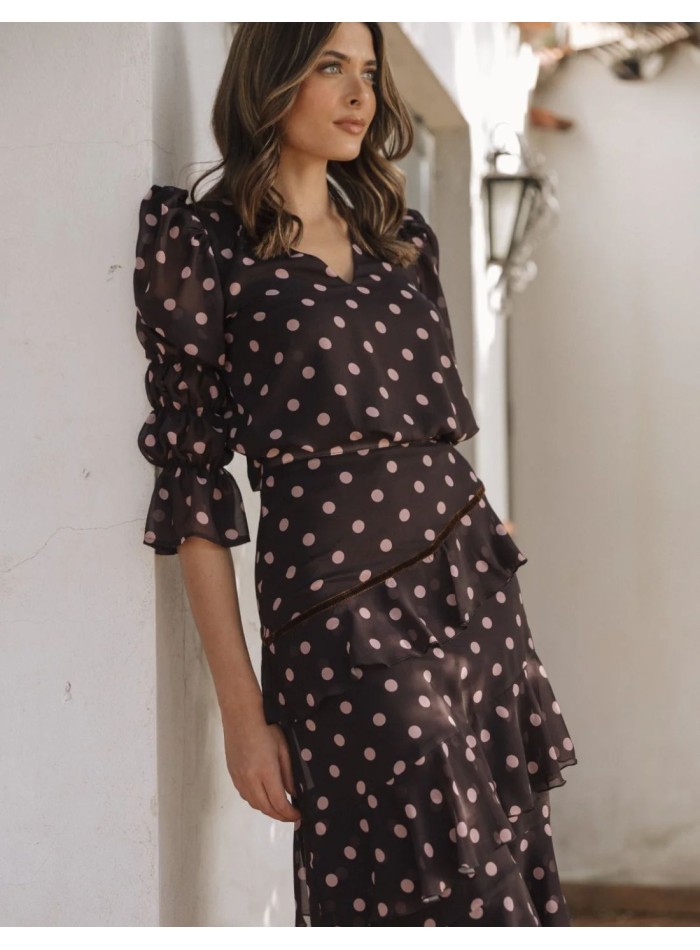 Brown chiffon skirt with pink polka dot print...
