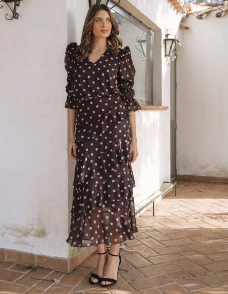 Brown chiffon skirt with pink polka dot print and ruffles