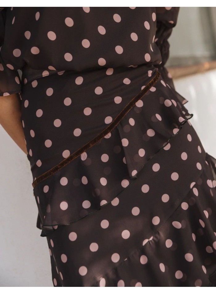 Brown chiffon skirt with pink polka dot print...