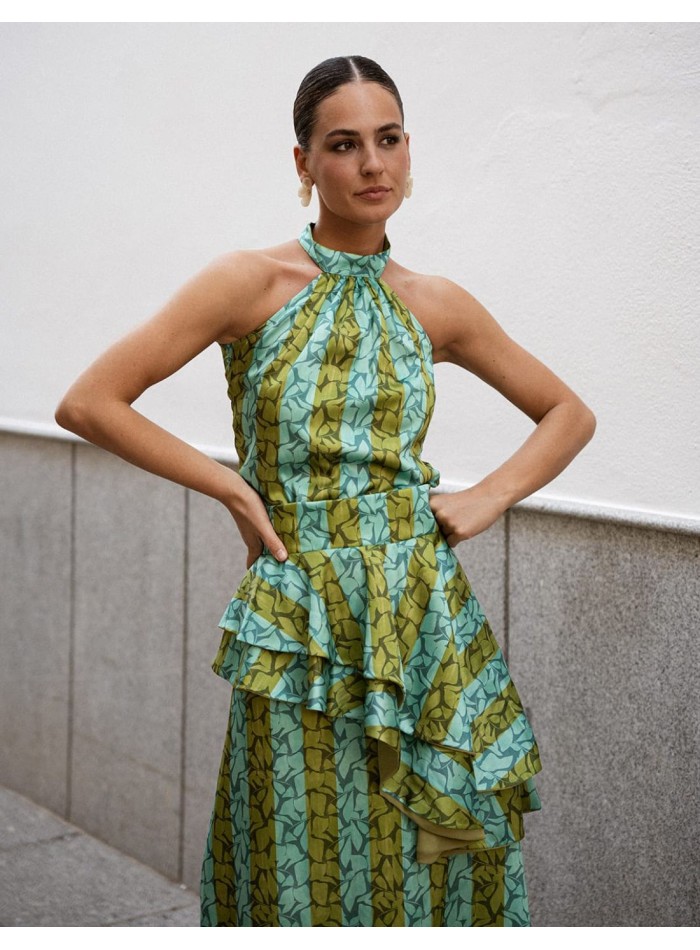 Top estampado verde y turquesa con cuello halter
