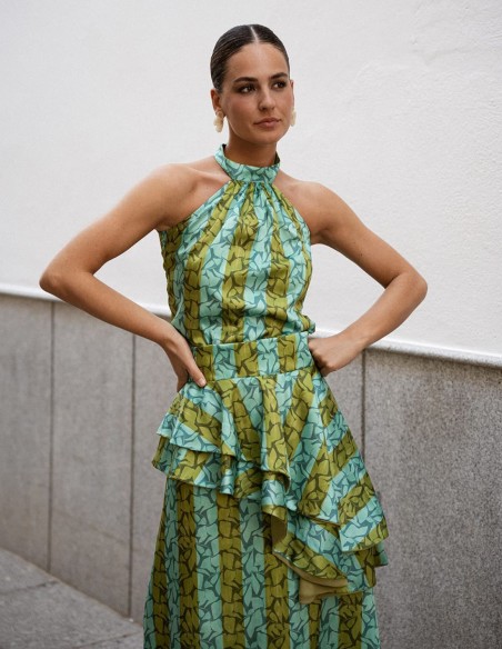 Top imprimé vert et turquoise avec encolure licou