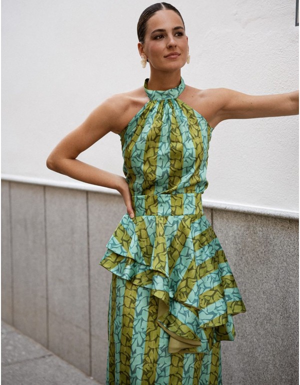 Green and turquoise printed top with halter neckline 2