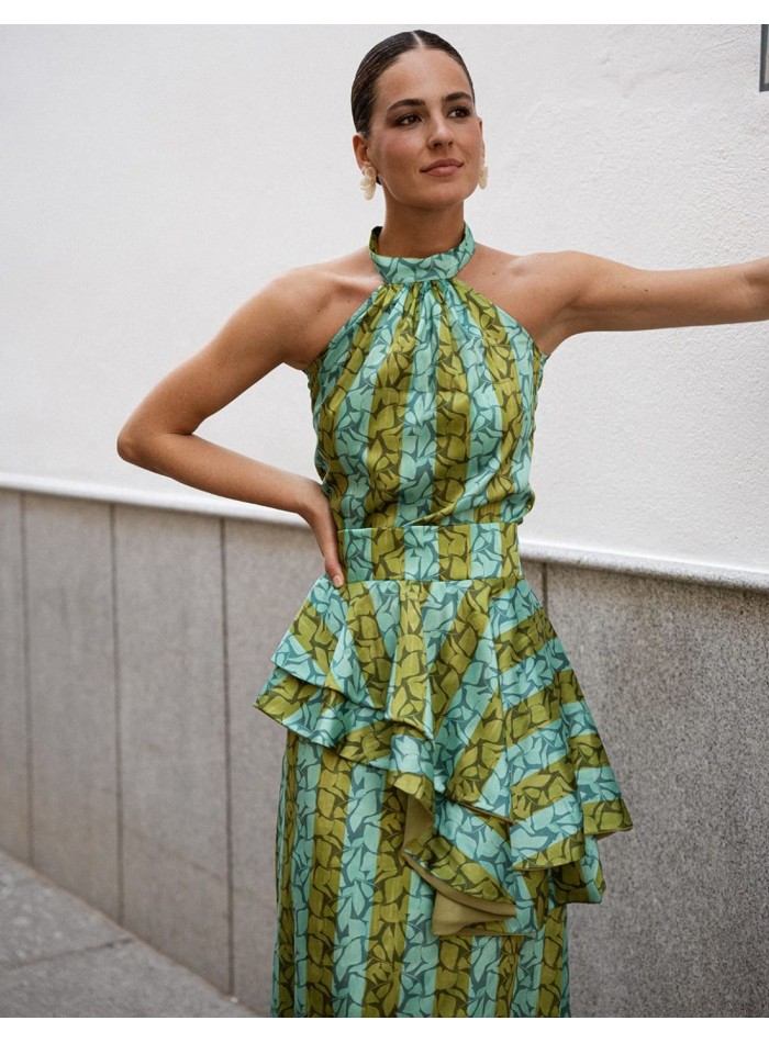 Top imprimé vert et turquoise avec encolure licou