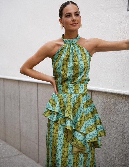 Top estampado verde y turquesa con cuello halter
