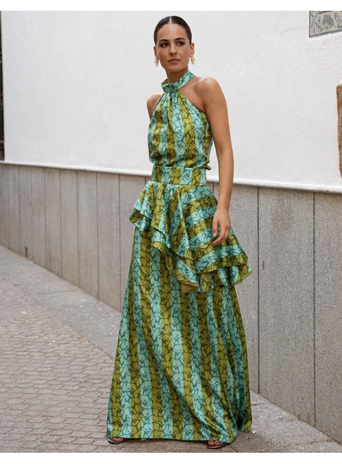 Green and turquoise printed top with halter...