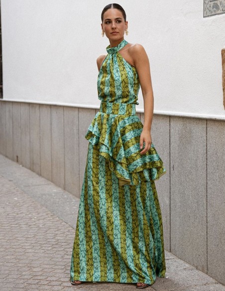 Top estampado verde y turquesa con cuello halter