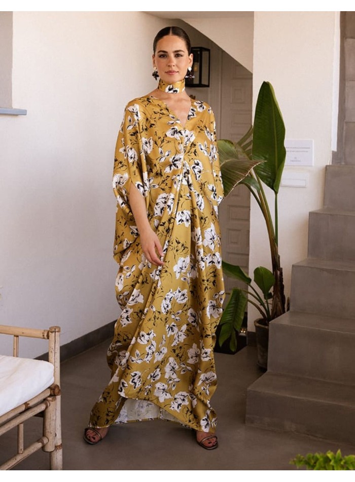 Caftan imprimé floral moutarde avec manches et...