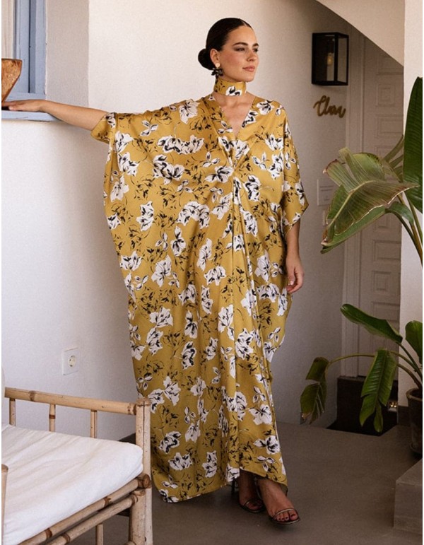 Caftan imprimé floral moutarde avec manches et encolure en V 2