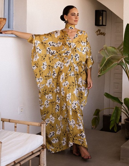 Mustard floral print kaftan with V-neck sleeve and neckline