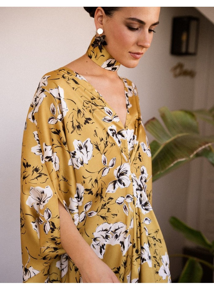 Mustard floral print kaftan with V-neck sleeve...