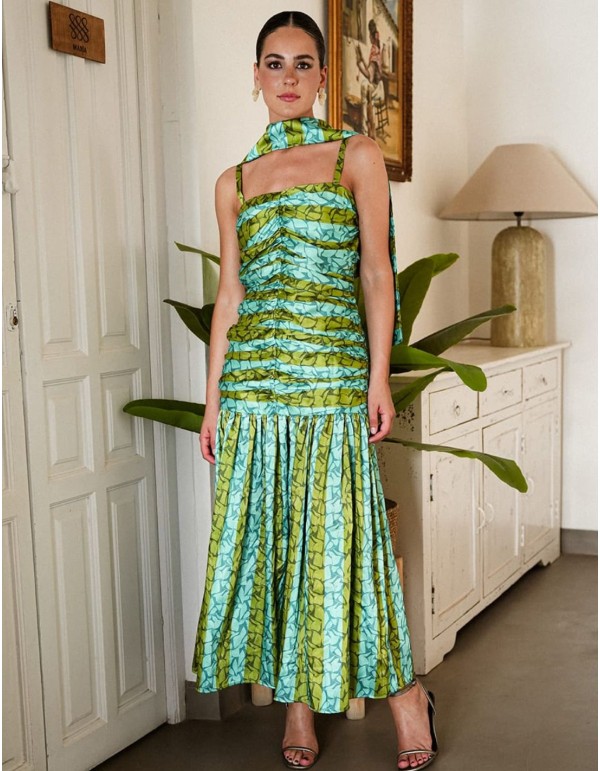 Robe midi imprimée vert et turquoise avec corsage froncé...
