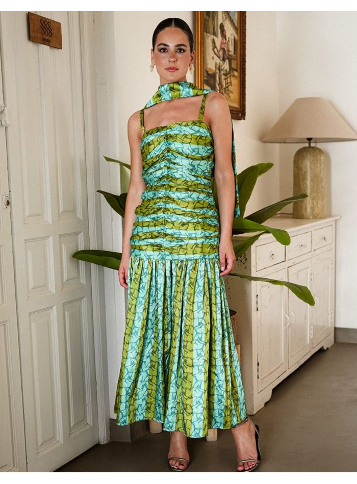 Robe midi imprimée vert et turquoise avec...
