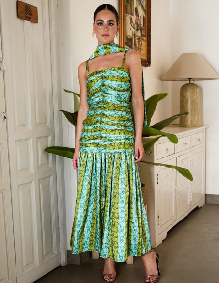 Green and turquoise printed midi dress with ruffled bodice and ruffle skirt