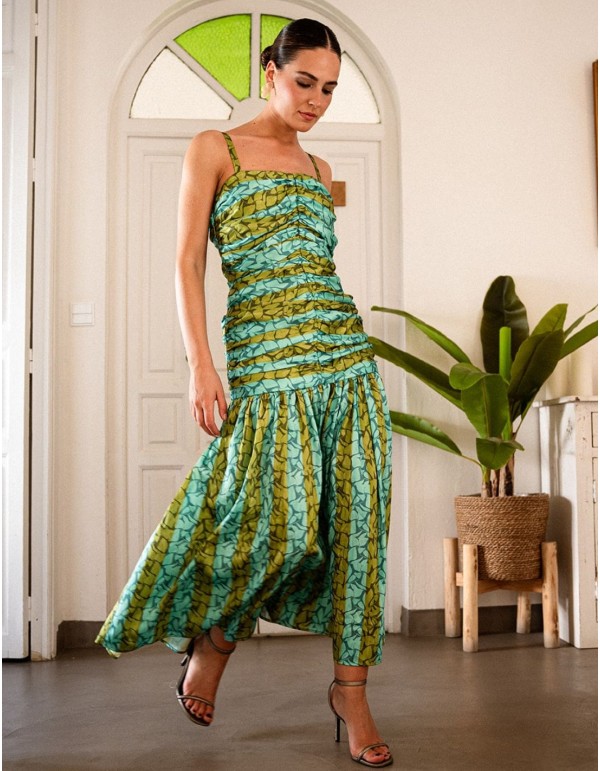 Green and turquoise printed midi dress with ruffled... 2