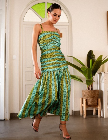 Green and turquoise printed midi dress with ruffled bodice and ruffle skirt