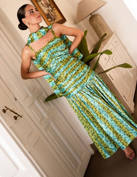 Robe midi imprimée vert et turquoise avec corsage froncé et jupe à volants
