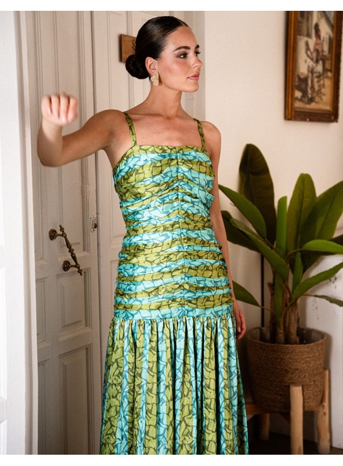 Green and turquoise printed midi dress with...