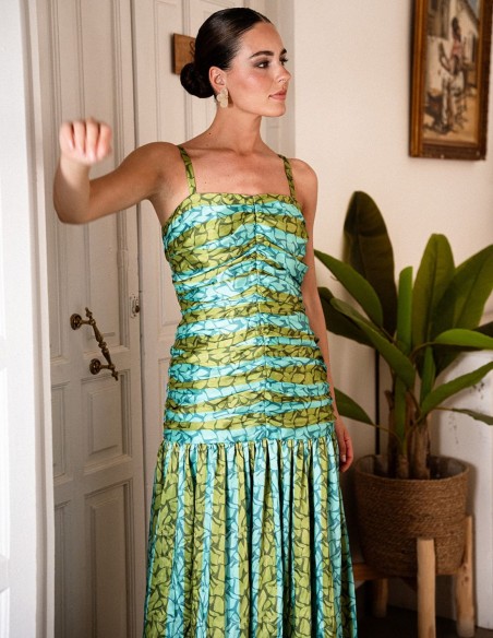 Green and turquoise printed midi dress with ruffled bodice and ruffle skirt
