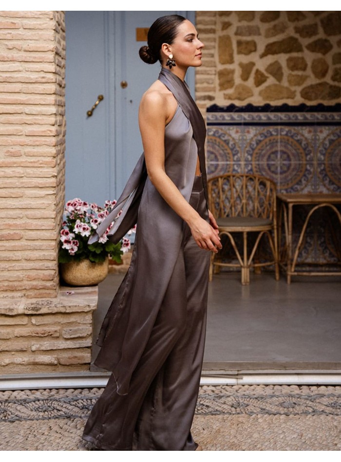 Grey satin fabric long crossover top with...