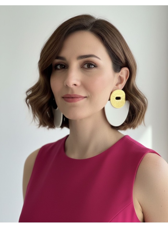 White enameled ceramic earrings with gold details