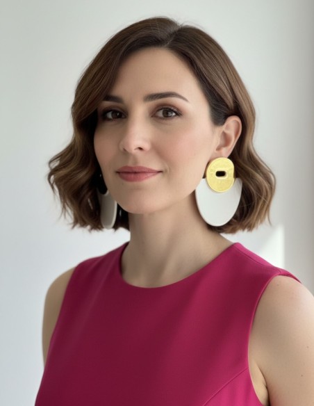 White enameled ceramic earrings with gold details