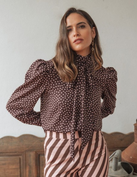Brown chiffon blouse with pink polka dots and lacing