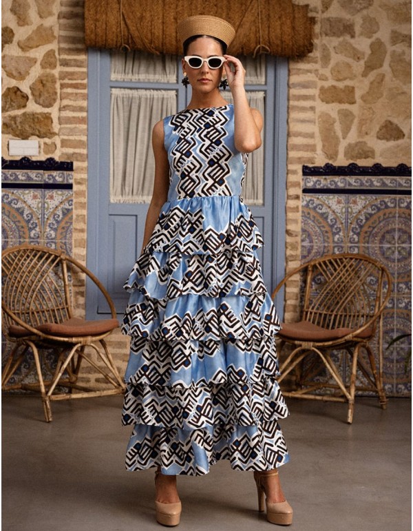 Light blue strapless midi dress with ruffled skirt