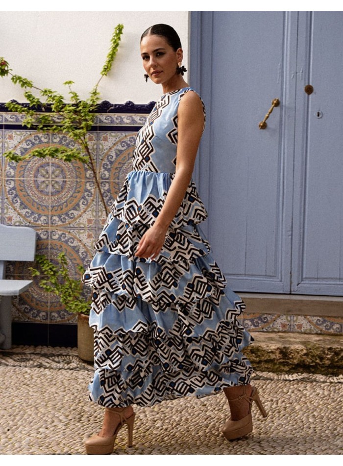 Robe midi à bretelles et jupe à volants bleu clair