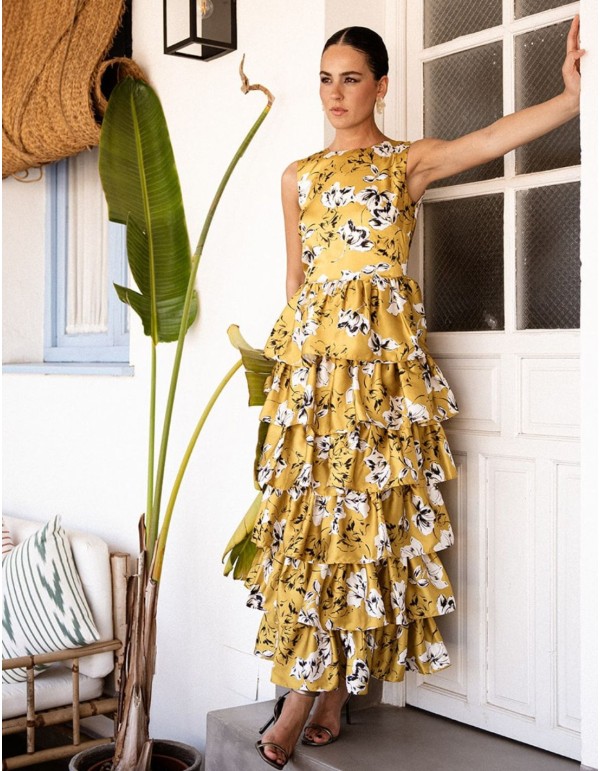 Mustard midi dress with floral print and ruffles