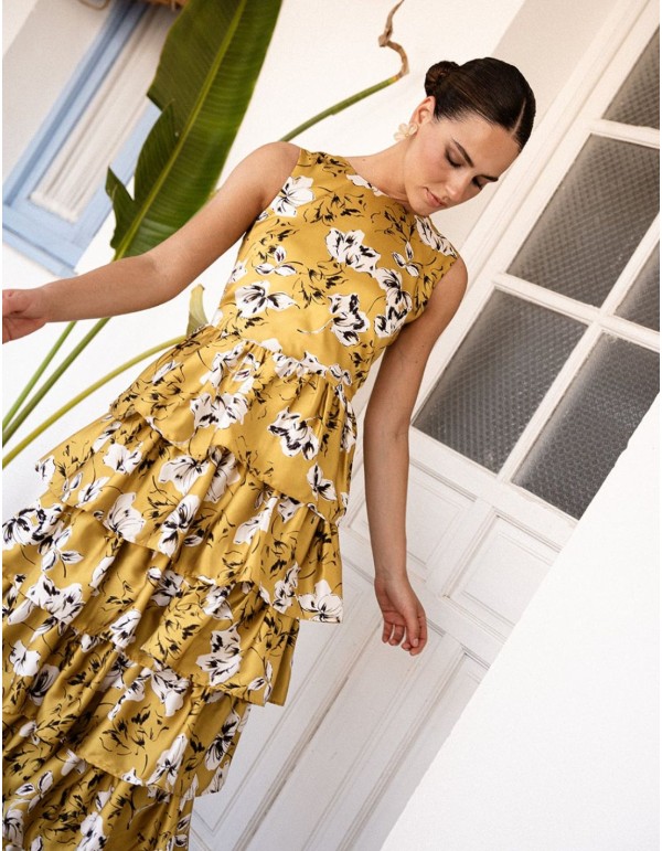 Mustard midi dress with floral print and ruffles 2