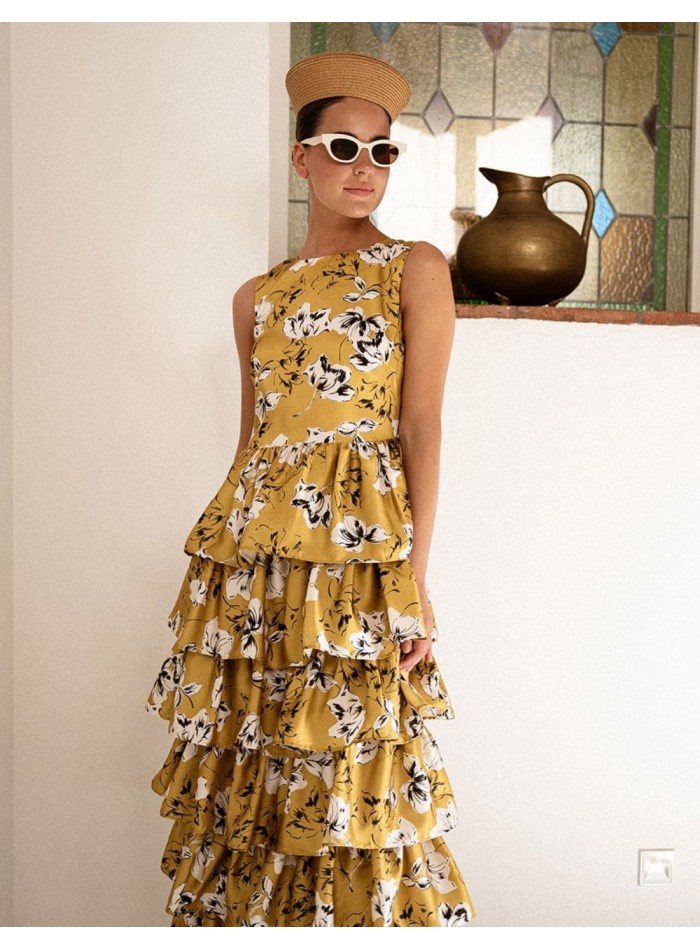 Robe midi moutarde à imprimé floral et volants