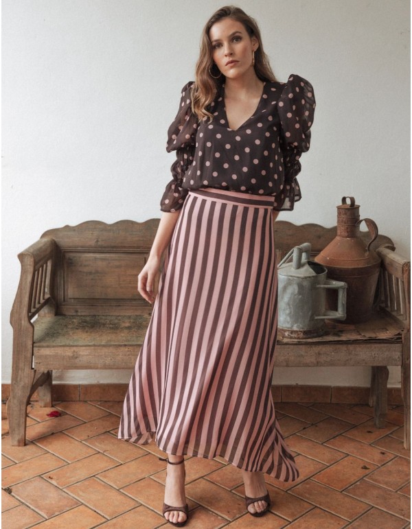 Falda midi de gasa con estampado de rayas rosas y marrones
