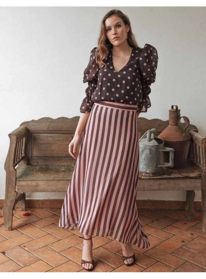 Chiffon midi skirt with pink and brown striped...