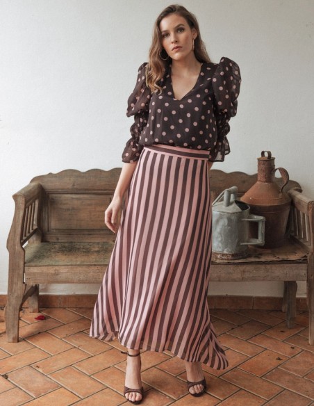 Chiffon midi skirt with pink and brown striped print