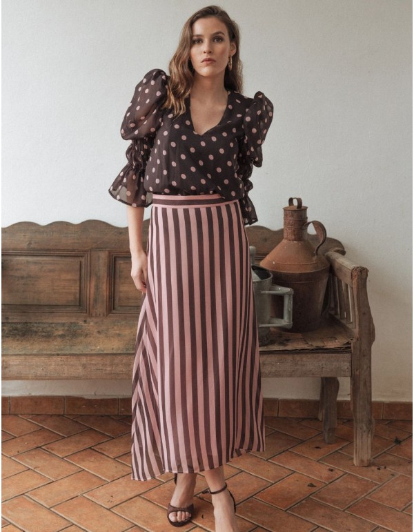Falda midi de gasa con estampado de rayas rosas y marrones 2