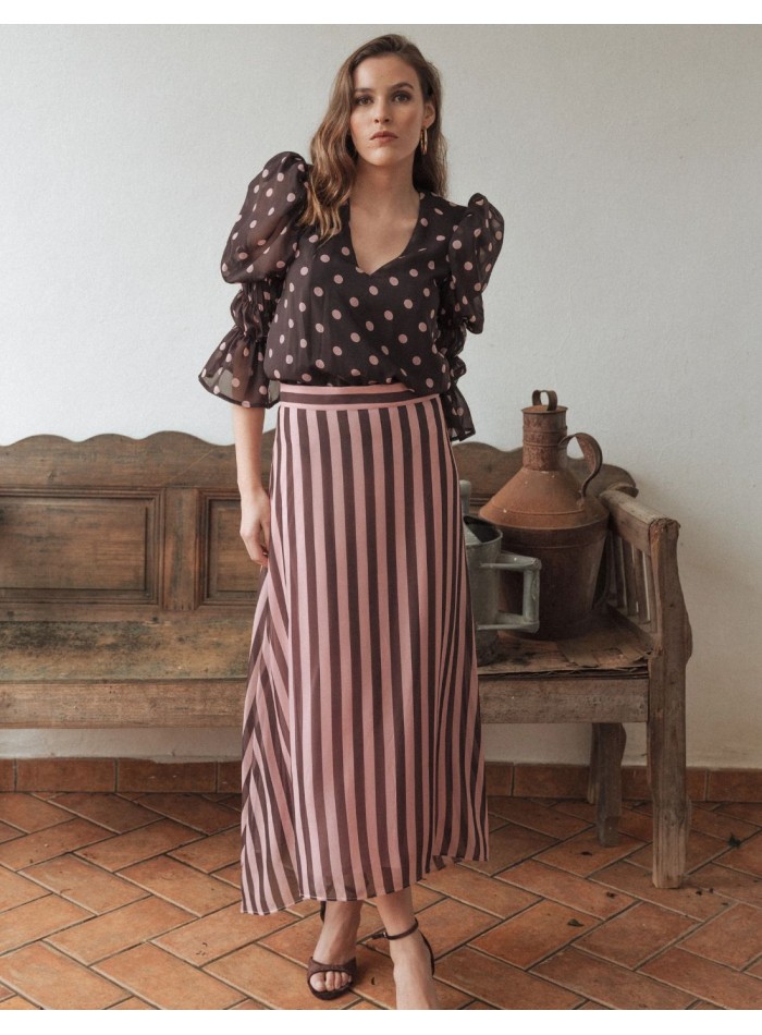 Chiffon midi skirt with pink and brown striped...