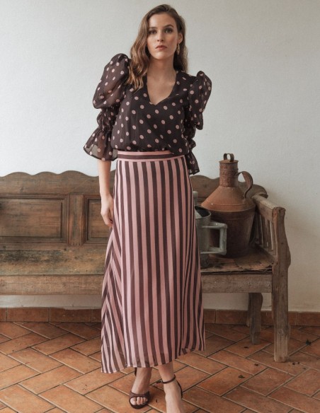 Jupe midi en mousseline imprimée de rayures roses et marron